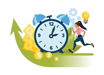 Time is money. The concept of business development and income increase. The girl runs towards the monetary income. Flat vector illustration in cartoon style