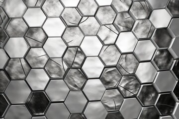  a black and white photo of a pattern of hexagonal tiles with a cloudy sky in the backgroup of the tiles on the side of the wall.