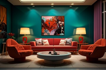 Interior of living room with vibrant color furniture 
