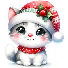 Cute christmas cat watercolor clipart with transparent background