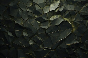  a close up of a wall made up of many different shapes and sizes of black and gold foiled material with a light reflection on the surface of the wall. - obrazy, fototapety, plakaty