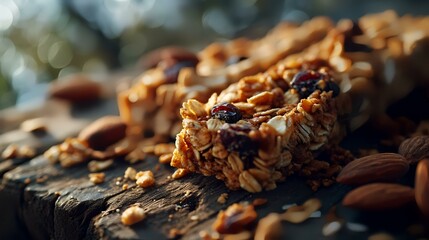 Homemade granola bars with nuts, raisins, and honey on a wooden background