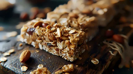 Foto op Aluminium Healthy granola bars with nuts on wooden board, selective focus © shameem