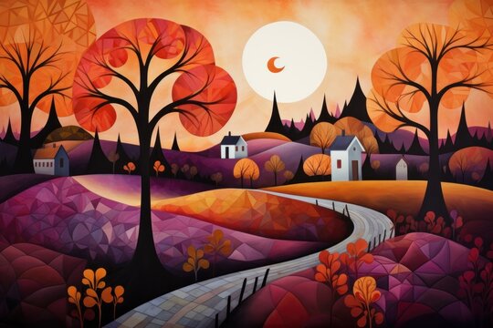  a painting of a colorful landscape with trees and a road leading to a white house in the distance with a full moon in the middle of the sky above the horizon.