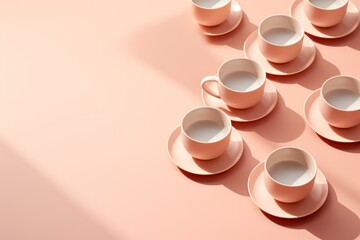  a group of pink cups and saucers on a pink surface with a shadow of one cup in the middle of the cups and saucers in the middle of the cups.