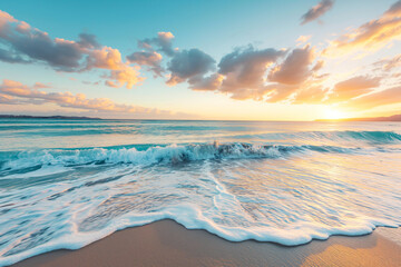 Serene coastal scene, capturing the tranquility of a sun-drenched beach, with gentle waves lapping against the shore and a vibrant sky painted with hues of blue, orange, and pink