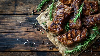  a bunch of meat sitting on top of a piece of wax paper next to a sprig of rosemary on top of a piece of parchment paper on a wooden table. - obrazy, fototapety, plakaty