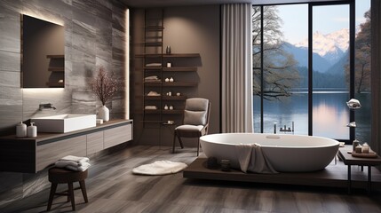 Modern bathroom interior with a large bathtub and a beautiful view of the mountains and lake
