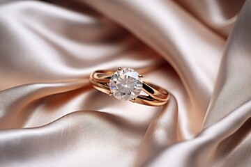  a close up of a ring with a diamond on it on a satin material background with a satin material in the foreground and a diamond in the middle of the middle of the ring.