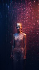 Fototapeta na wymiar a woman in a silver dress standing in front of a red and blue background with rain falling down on her head and her hair in a bun in a bun.