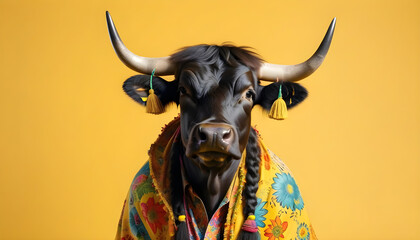 Bull dressed in hippy clothes on yellow background. Humanization of animals concept