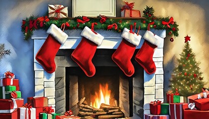 santa stockings hang from the fireplace in the style of consumer culture critique surprisingly absurd dusty piles historical - obrazy, fototapety, plakaty