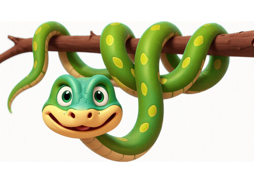A 3d cartoon character snake python on the tree branch, looking cute, adorable and joyful