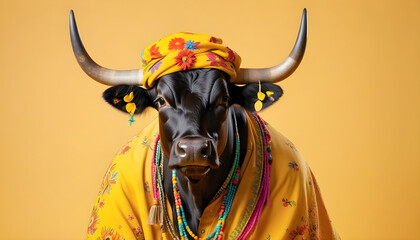 Bull dressed in hippy clothes on yellow background. Humanization of animals concept