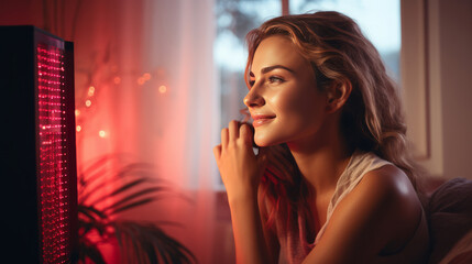 Portrait of Young Woman doing Red Light Therapy Session with Panel