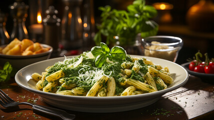 A  plate of perfectly cooked pasta dressed in vibrant pesto sauce