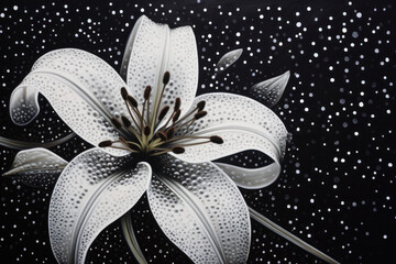 a close up of a white flower with drops of water on a black background with a white and gray flower in the center of the center of the image is a single flower.