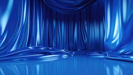 Royal Blue empty stage with royal blue satin drapes in backdrop, Premium showcase mockup template for Beauty, Cosmetic, Luxury products, with copy space for text