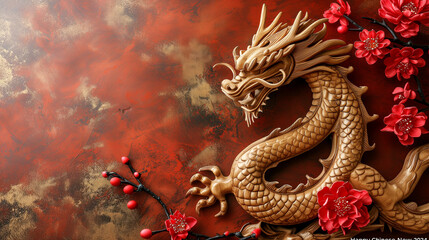 Obraz premium Asiatic red and grey background featuring a wooden dragon surrounded of red flowers to celebrate the chinese New Year.