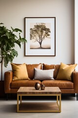 brown leather sofa with tree artwork on wall