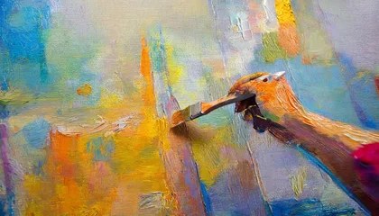 Fotobehang lhandsr oil painting conceptual abstract hand painting the picture depicts a metaphor for teamwork conceptual abstract closeup of an oil painting and palette knife on canvas © Marsha