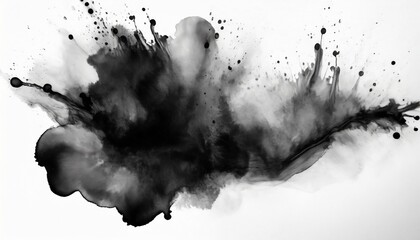 black ink watercolor flow blot with drops splash abstract texture color stain on white background - obrazy, fototapety, plakaty