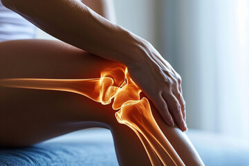 Knee pain, girl holding onto her sore leg, pain displayed in red colour