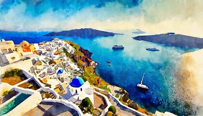 aerial watercolor painting of santorini greece a scenic cultural destination