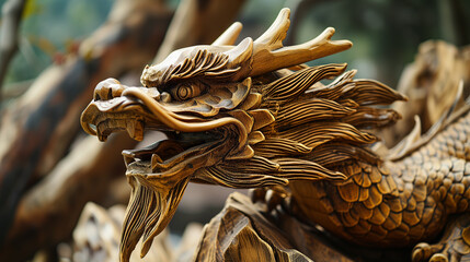 Festive spirit of Chinese New Year at a sacred temple, where a splendid wooden dragon statue awaits, symbolizing strength and auspicious beginnings - obrazy, fototapety, plakaty
