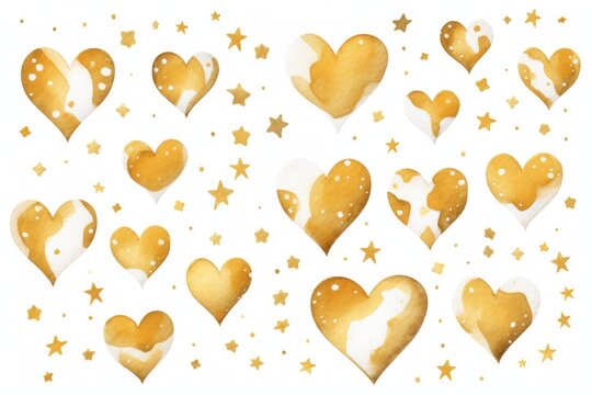  a watercolor painting of gold hearts and stars on a white background with gold confetti in the shape of hearts