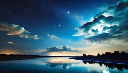 midnight moonlight magical cloudscape with starry sky and calm river hd phone wallpaper ai generated