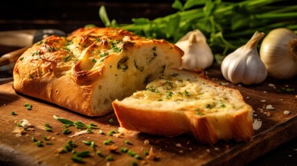  a loaf of garlic bread sitting on top of a wooden cutting board next to garlic and a bunch of green onions on top of a wooden cutting board with a knife.