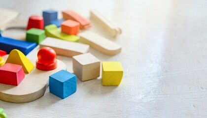 colorful wooden pieces of educational toy on light table closeup and space for text motor skills development