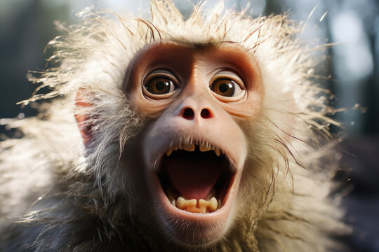 Close-up portrait of a surprised, shocking monkey with its mouth open. Humorous photo, meme