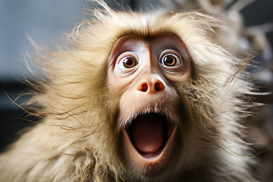 Close-up portrait of a surprised smiling monkey with his mouth open. Humorous photo, meme