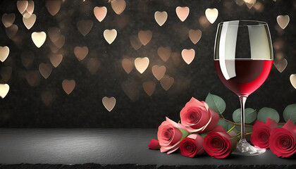 red wine and flowers. valentine's day background with a glass of wine and roses, copy space for your text; valentines card black stone surface