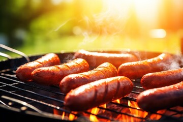  a bunch of hot dogs on a bbq grill with smoke coming out of the top of the hotdogs and the hot ones on the bottom of the grill. - obrazy, fototapety, plakaty