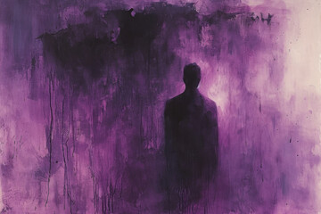 Silhouette of a dark lonely person, purple background, thick ink texture, doom, desolation, darkness, emptiness - obrazy, fototapety, plakaty