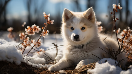 Beautiful Samoyed puppy sitting in the nature, melting snow around and spring flowers, blooming season, sun, spring colors. Close up of white Samoyed puppy in nature in Spring.