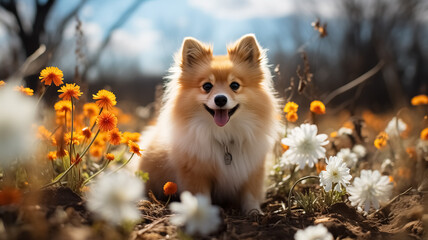 Beautiful dog sitting in the nature, melting snow around and spring flowers, blooming season, sun, spring colors. Close up of dog in nature in Spring.