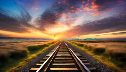 train tracks headed into the distant horizon with colorful light of sunset shining in the background landscape - obrazy, fototapety, plakaty