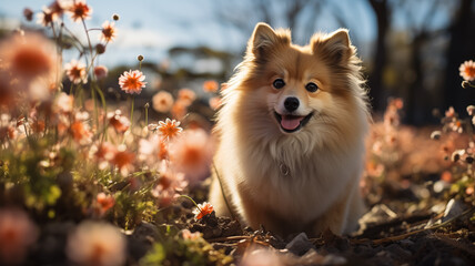 Fototapeta premium Beautiful dog sitting in the nature, melting snow around and spring flowers, blooming season, sun, spring colors. Close up of dog in nature in Spring.