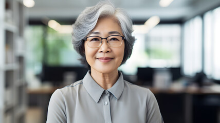 Close-up portrait of smiling asian senior businesswoman standing in the office while looking at camera