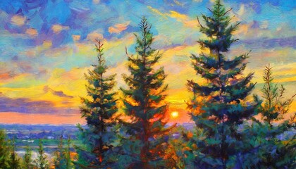 oil painting of fir trees on the background of the sunset sky impressionism impasto printable...