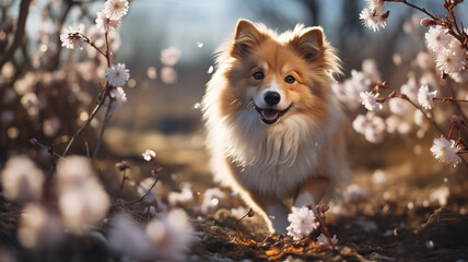 Beautiful dog sitting in the nature, melting snow around and spring flowers, blooming season, sun, spring colors. Close up of dog in nature in Spring.