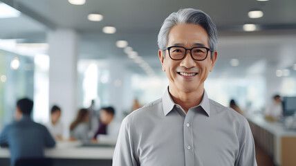 Close-up portrait of smiling asian senior businesswoman standing in the office while looking at camera