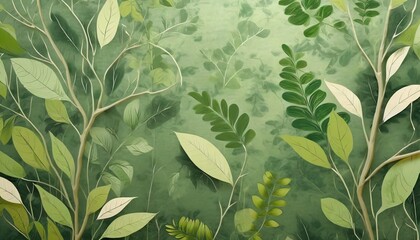mural photo wallpaper for the room leaves on a green background background with different branches