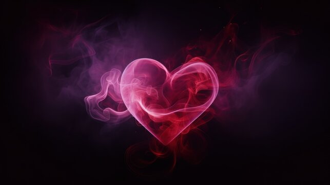  a heart made of smoke is shown in the middle of a black background with red and pink smoke in the shape of a heart on the left side of the image.