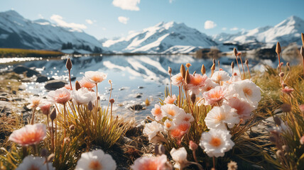 Wallpaper of Spring. New born flowers in the nature, melting snow around the river in the...