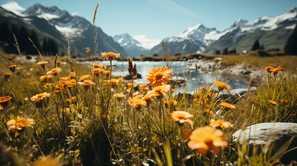 Wallpaper of Spring. New born flowers in the nature, melting snow around the river in the mountains, blooming season, sun, spring colors. - obrazy, fototapety, plakaty